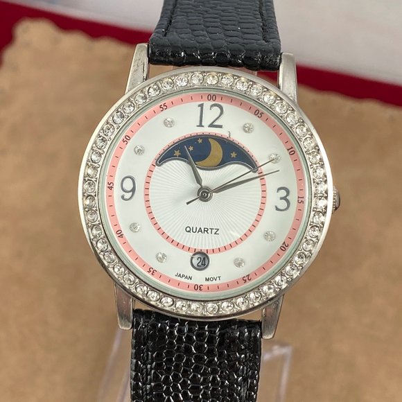 Vintage Moon Phase Watch Crystals Pink Black Strap W Date main image 7